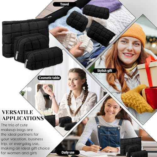 3 Pcs Puffy Makeup Bag Quilted Cosmetic Pouch for Women Cute Checkered Travel Toiletry Bag Puffer Makeup Organizer Purse Pouch Preppy Pencil Case with Zipper