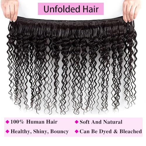 12A Deep Wave Bundles Human Hair 12 14 16 Inch 100% Unprocessed Brazilian Virgin Deep Curly Human Hair 3 Bundles Wet and Wavy Double Weft Deep Wavy Hair Extensions Real Human Hair Natural Black