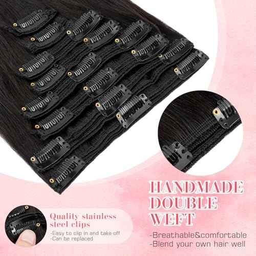 S-noilite Clip in Hair Extensions Human Hair, Natural Black Remy Hair Extensions Double Weft Silky Straight 10 Inch Short Black Human Hair Extensions Clip ins for Women 110grams 8pcs(#1B)