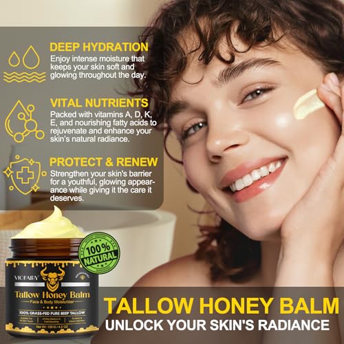 Beef Tallow for Skin, Whipped Tallow Honey Balm for Face -Fed Beef Tallow & Raw Wild Honey - Organic Moisturizer for Soft, Smooth Skin- Light Scent, Moisturizing Natural Formula, 4.2 Oz