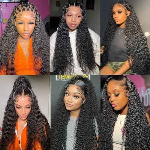 13x6 Deep Wave Wigs Human Hair Deep Wave Lace Front Wigs Human Hair 200% Density HD Lace Frontal Wigs for Balck Women Pre Plucked Glueless Deep Curly Wig Natural Black (16 Inch)