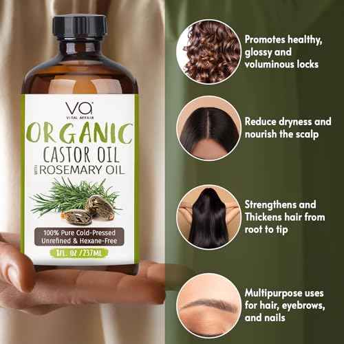 VITAL AFFAIR Organic Castor Oil With Rosemary Oil For Hair Growth - 100% Pure Rosemary Hair Oil With Pure Castor Oil Cold Pressed Unrefined Glass Bottle - Strengthening & Volumizing 8 Fl Oz