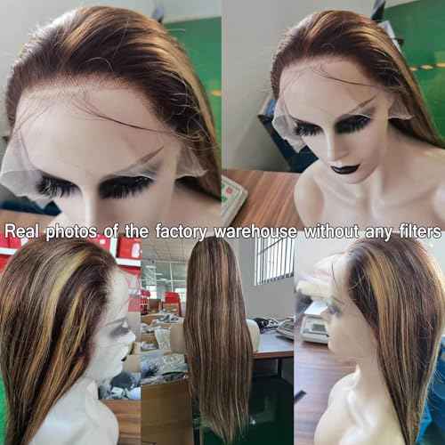 Lemoda 13x6 Highlight Straight Lace Frontal Human Hair Wigs Ombre 4/27 Outlets Sale 200 Density 24Inch 13x6 HD Transparent Lace Front Wigs Pre Plucked