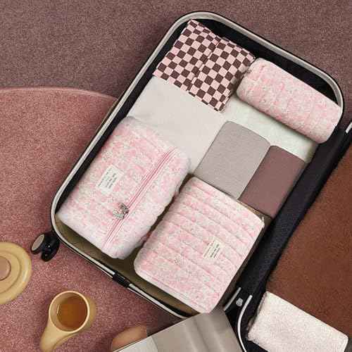3Pcs Makeup Bag Cotton Quilted Travel Cosmetic Bag Cute Floral Makeup Pouch Large Toiletry Bag for Women Girls (Flowers-Pink3)