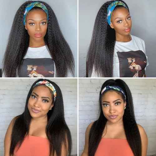 Headband Wig Human Hair 26 Inch Kinky Straight Headband Wigs for Black Women Straight Human Hair Wigs Glueless No Lace Front Wigs Brazilian Virgin Human hair 180% Density Natural Color