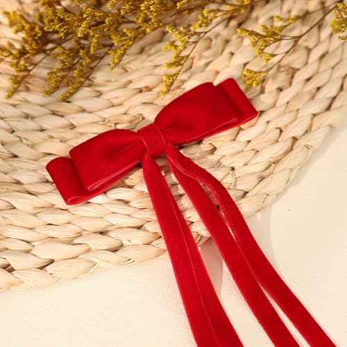 VOBOBE 2PCS Velvet Hair Bows for Women Girls, Tassel Ribbon Bowknot Hair Clips Barrettes for Girl with Small Long Tail Solid Hair Accessories (Red-Velvet)