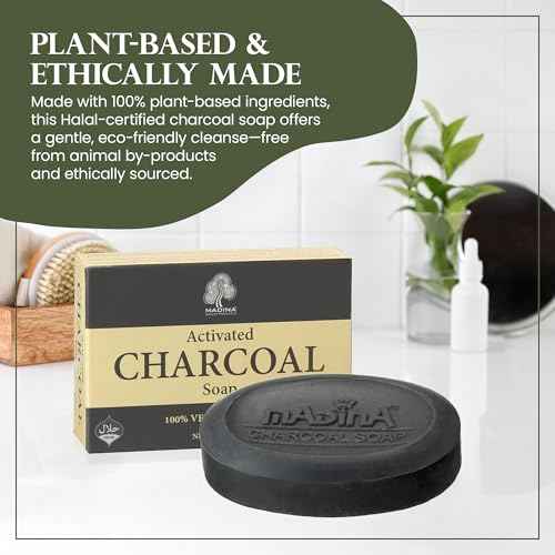 Madina Activated Charcoal Soap Bar ? Deep Cleansing, Detoxifying, Oil Control, Acne, 100% Vegetable-Based, Halal, Gentle Face & Body Cleanser, 6 Pack (3.5 oz Each)