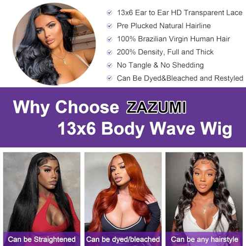 Zazumi 13x6 Body Wave Lace Front Wigs Human Hair 200 Density HD Transparent Lace Frontal Human Hair Wig for Black Women Glueless Wigs 22 Inch