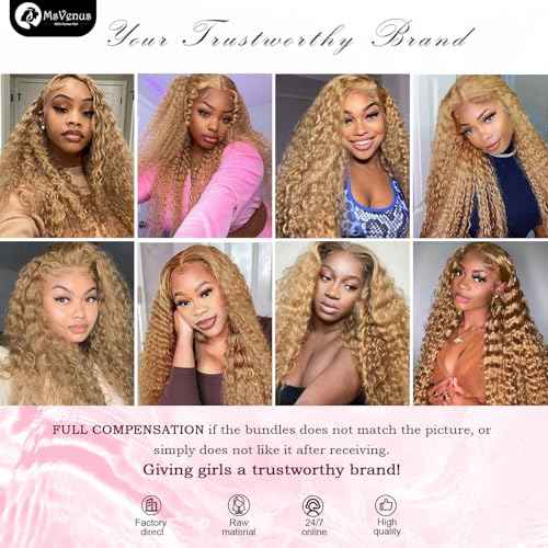Honey Blonde Deep Wave Bundles Human Hair 12A Color #27 Blonde Curly Human Hair Bundles 16 18 20 Inch Colored Deep Wave Human Hair Extensions Double Weft Wet and Wavy Bundles