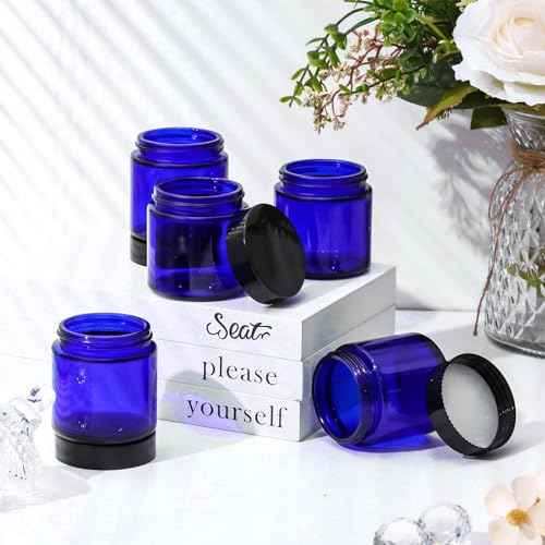 Norme 48 Pcs 4 oz Glass Jars with Lids Leakproof Round Airtight Empty Cosmetic Jars with Inner Liners Lid for Storing Lotions Powder Ointments Candle Making Tins (Black,Blue)