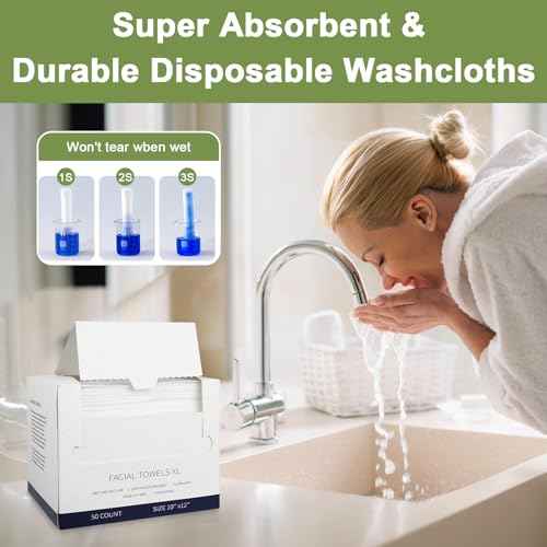 Disposable Face Towels, 50 Count Ultra Soft Biodegradable Facial Cleansing Cloths, Lint-Free Makeup Remover Cloth in Paper Box