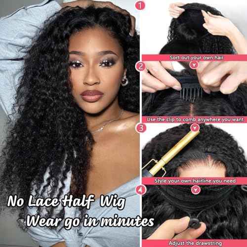 XSY Half Wig Human Hair Curly 16 Inch Deep Wave Half Wigs for Black Women 3 In 1 Drawstring Seamless Flip Wig Invisible Hairline Beginner Friendly 180% Density