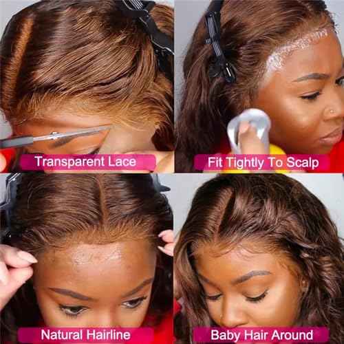 13x6 Lace Front Wigs Human Hair, 28¡± HD Transparent Lace Frontal Wigs Pre Plucked with Baby Hair Brown Highlights 150% Density 13x6 Lace Frontal Wig Glueless Human Hair Wigs for Women Natural Hairline