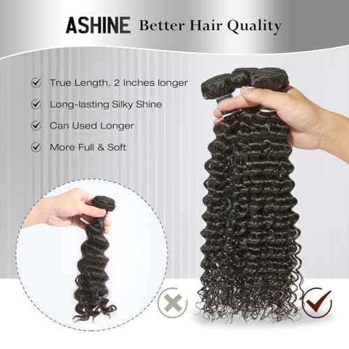 ASHINE Human Hair Bundle Deep Curly Water Wave, Unprocessed Cambodian Raw Hair 26 Inch, Flip Over Quick Weave Wet and Wave Bundles for Women Natural Black