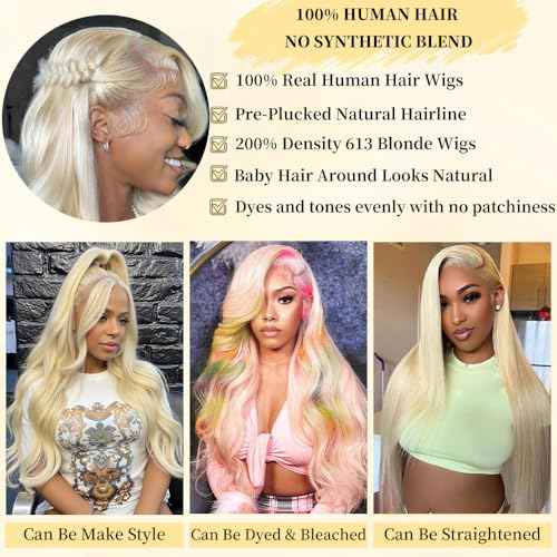 28 Inch 613 13x6 Lace Front Wig Human Hair 200 Density Body Wave Human Hair Wig 100% Real Human Hair Easily Stained Blend Minimum Shedding Tangle Free Longer life