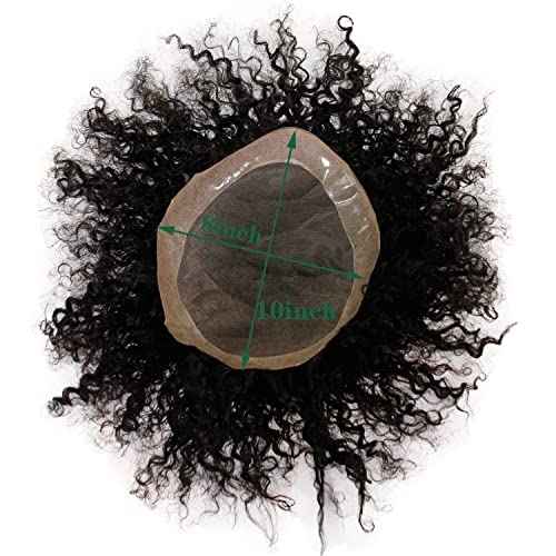 Dreambeauty Men's Toupee 100% Remy Human Hair Natural Black Color Curly Toupee for Men Thin Skin Mono Net with PU around Hair Replacement System Hairpieces for Men (10x8 Inch)