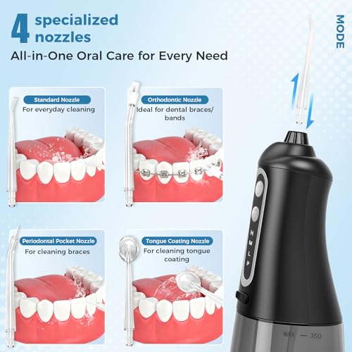 Water Dental Flosser Pick for Teeth, Cordless Oral Irrigator Cleaner 350ML IPX7 Waterproof Rechargeable, 4 Modes 4 nozzles, Portable Professional Flossing for Cleaning Gum Care Braces Home Travel