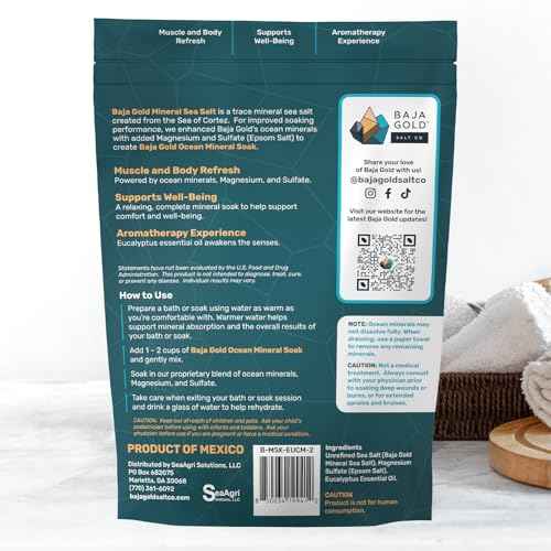 Baja Gold Ocean Mineral Soak ? Natural Magnesium Bath Soak & Trace Elements | Relaxing, Clean Ingredient Soak for Bath, Muscles, Relaxation & Skin Care | Pure, Vegan, 2 Lb Resealable Bag, Eucalyptus