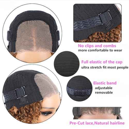 16 inch Wear and Go Glueless Wig Ombre Highlight 4/27 Kinkycurly Wigs Pre Cut Transparent Lace Wig human hair Pre Plucked,Natural Hairline for Women 200% Density