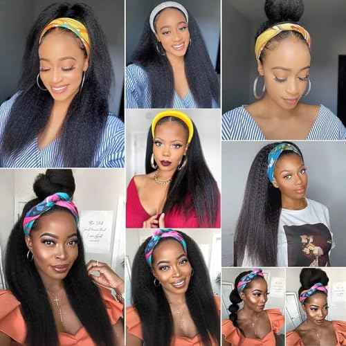 TNICE Kinky Straight Headband Wig Human Hair 26 Inch Headband Wigs for Black Women Glueless None Lace Front Yaki Straight Human Hair Headband Wig Brazilian Virgin Hair Wigs Natural Black 180% Density