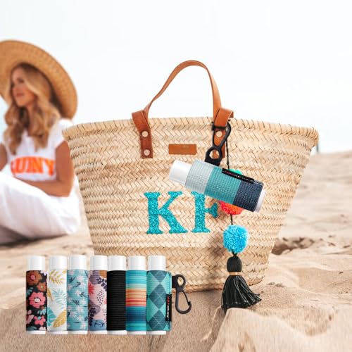 HEYSKAY 8PCS Lip Balm Keychain Holder Compatible with Chapstick, Stocking Stuffers Gifts Keychain Lip Gloss Holder Key Chain Lipstick Holder Sleeves(Classical Strap Patterns)