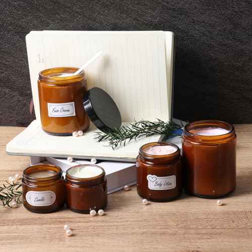 3 Pack 2 oz Amber Glass Jars with lids, Cosmetic Jars with Inner Liners and Black Lids, Lotion Jars, Candle Making Jars for Lotions, Scrubs and Cosmetic, Lables and Spatulas Include