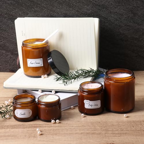 2 Pack 4 oz Amber Glass Jars with lids, Cosmetic Jars with Inner Liners and Black Lids, Lotion Jars, Candle Making Jars for Lotions, Scrubs and Cosmetic, Lables and Spatulas Include