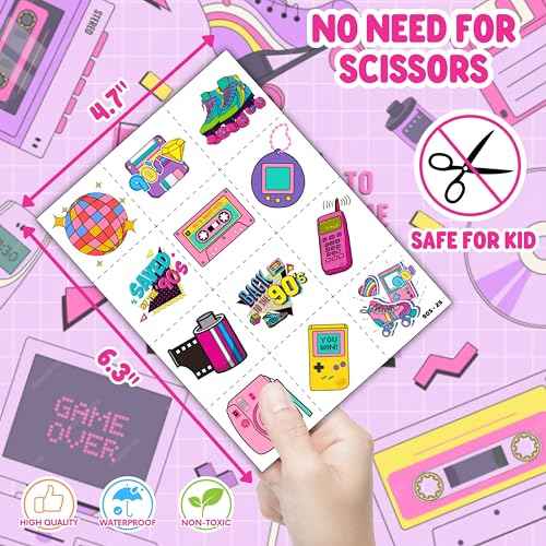 72PCS 80s, 90s Party Set - 48PCS Temporary Tattoos & 24PCS Slap Bracelets - Retro-Themed Birthday Supplies, Baby Shower Gifts, Classroom Rewards & Party Decor for Kids (Boys & Girls)