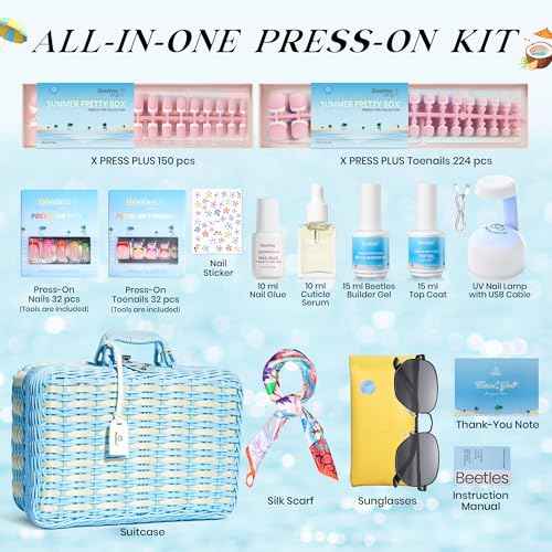Beetles X Press Plus on Nails Kit Summer Pretty Box with Picnic Basket, All-in-One Summer French Tips Press on Nails Kit with Nail Gels and Tools Best Gift for Girls Women(2025 Limited Edition)