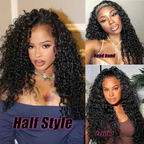 SENSAIRUITE Deep Wave Half Wig Human Hair Curly Half Wigs for Women - Upgrade Drawstring 3 in 1 Seamless Flip Over Glueless Wig 14-inch Natural Black
