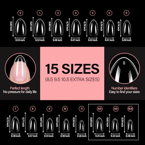AILLSA Short Almond Nail Tips, 15 Sizes 240PCS Preshaped Soft Clear Gel Nails Tips Full Cover False Nails Tip Short Almond Shaped Tips