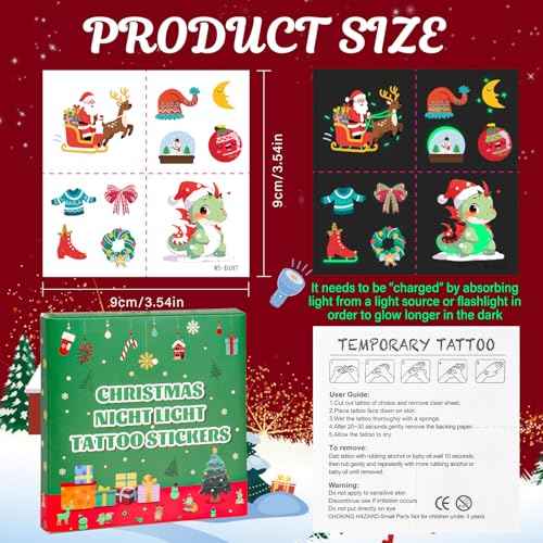 Glow in the Dark Christmas Tattoos for Kids, 35 Sheets | 350+ Cute Luminous Patterns, Christmas Stocking Stuffers Kids, Temporary Tattoos for Girls & Boys with Santa Claus, Reindeer, Snowmen & More
