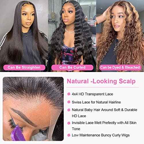 kiss love Glueless Wigs Human Hair Pre Plucekd with Baby Hair 180% Density Deep Wave Closure Wigs Human Hair Glueless Wig with Elastic Band 4x4 Curly Wigs for Women (20Inch)