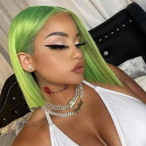 Green 13x4 Bob Straight Lace Front Wigs Human Hair 180 Density UHD Transparent Lace Front Wigs Human Hair Pre Plucked Pre Cut Lace Glueless Wig Virgin Colored HumanHair Wigs For Women 14Inch