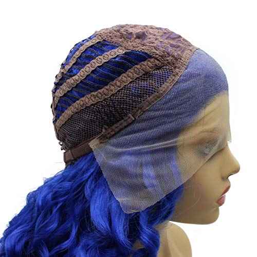iwonawig Iewig Long Curly Blue Heat Resistant Wig Half Hand Tied Synthetic Hair Front Lace Wig
