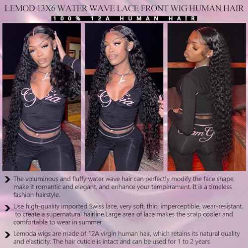 Lemoda Water Wave 13x6 HD Lace Front Wigs Human Hair Pre Plucked 26inch 13x6 Deep Wave Lace Front Wigs 180% Density Curly Wig Brazilian Virgin 15A Water Wave Human Hair Wig For Black Women