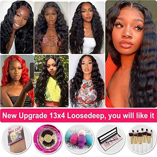 JIETAI 13x4 Loose Deep Wave Curly Lace Front Wig Pre Plucked with Baby Hair 180% Density Curly Human Hair Wigs 10A Wigs for Black Women Glueless Wig (30inch, Natural Color)