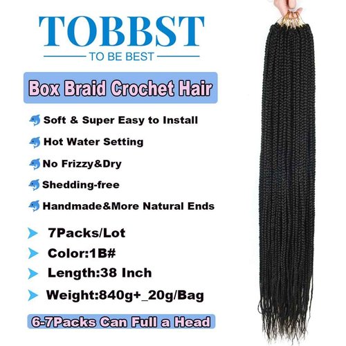 38 Inch Crochet Box Braids Pre Looped 7 Packs Box Braid Goddess Box Braids Crochet Hair Extensions Straight Crochet Hair For Women Crotchet Braid Hair Bundle (38 Inch(Pack of 7), 1B#)