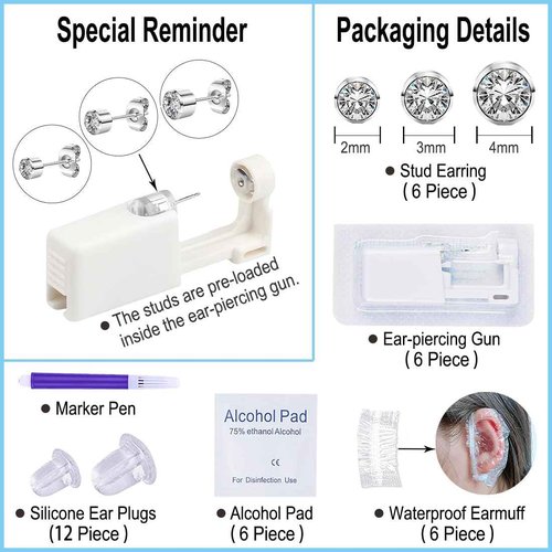 VitaCool Ear Piercing Kit Disposable Ear Cartilage Piercing Gun Kit with Sterile CZ Studs Easy and Safe Earring Self for Yourself Use at Home (Style H-CZ-2/3/4mm-S)