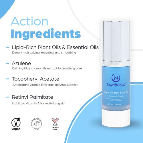 Nuzilicious Professional Grade Super Charge Blue Oil – Intense Hydration & Radiance with Essential Oils & Lipid-Rich Plant Oils, Vegan & Cruelty-Free, 1 oz