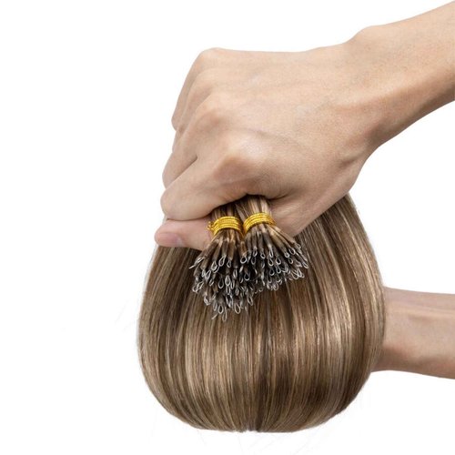 TESS Nano Bead Human Hair Extensions, Nano Ring Hairpieces Nano Tip Hair Extensions Pre-Bonded Seamless Look 50pcs/pack, 18 inch, #4RP27R Chocolate Brown Mixed Light Brown