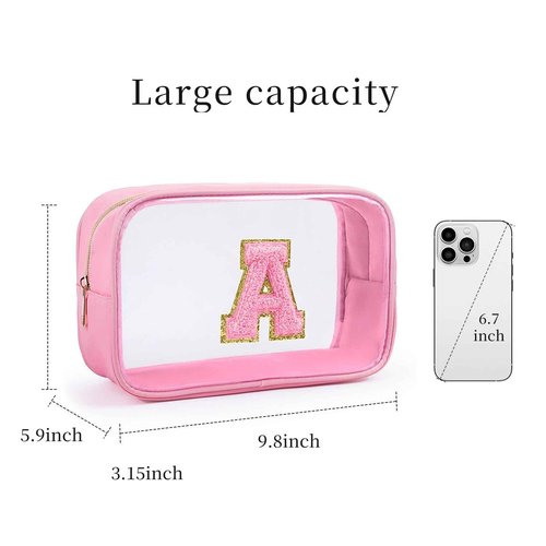 Ausolphia Personalized Initial Letter Makeup Bag Clear Preppy Cosmetic Pouch Waterproof Zipper Beach Travel Toiletry Bag Organizer for Women Pink A