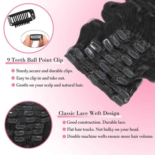 AIWET Body Wave Clip in Hair Extensions Real Human Hair for Black Women 8Pcs 110g Wavy Human Hair Clip in Extensions Natural Black Grade 12A Virgin Human Hair Extensions Double Wefts (#1B,14 Inch)