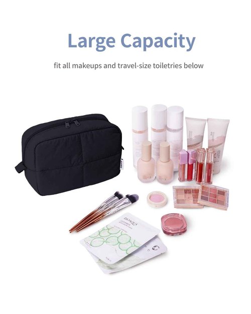 Narwey Puffy Makeup Bag for Travel Women Girl, Quilted Makeup Bag Cosmetic Bag, Cute Puffer Make Up Organizer Bags, Travel Toiletry Bag Toiletries (Black)