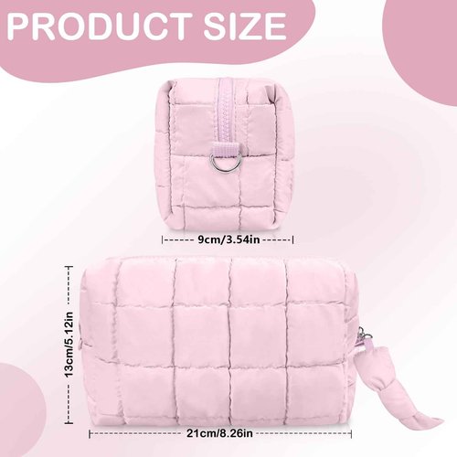 Gosect Puffy Quilted Makeup Bag, Cute Checkered Cosmetic Bags with Divider, Waterproof Travel Toiletry Bag, Make up Pouch for Women & Girls Travel Essentials (Bow, Pink, Medium)