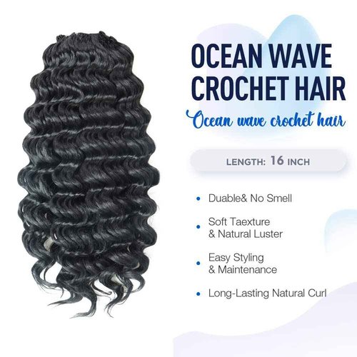 ToyoTree Ocean Wave Crochet Hair - 16 Inch 8 Packs Natural Black Mid-Length Curly Deep Wave Crochet Hair, Synthetic Ocean Wave Braiding Hair Extensions (16 Inch,1B-8P)