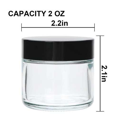 2oz Small Travel Containers with Black Lids,48 Pack Glass Jars with Mini Disposable Spatula for Toiletries,Travel Storage,Makeup Beauty Products, Lotions, Powders and Ointments