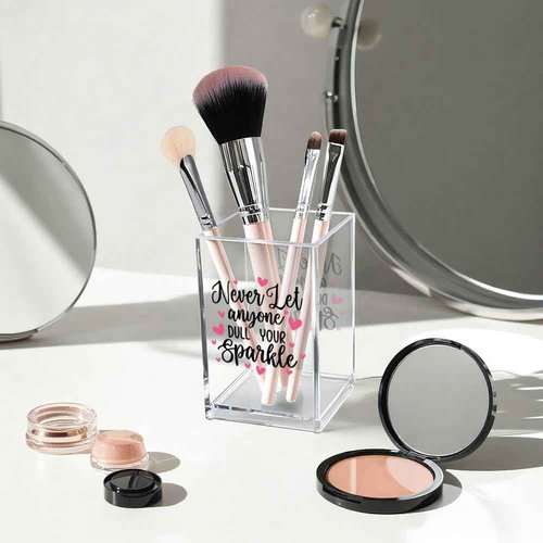 Vgrti Never Let Anyone Dull Your Sparkle Acrylic Makeup Brush Organizer Holder, Girl Power Desk Acrylic Brushes Storage, Inspirational Quote Gifts for Women Friend Sister Make Up Artist Makeup Lover
