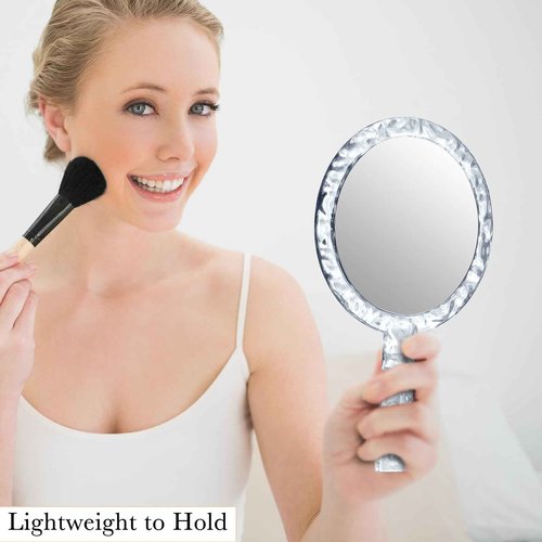 YEAKE Hand Mirror,Double-Sided Handheld 1X/5X Magnifying Mirror with Handle, Handle Makeup Mirror,Acrylic, 6.1" W x 10" L, Rounded Shape, Clear 1 PC