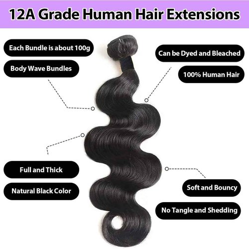 12A Body Wave Bundle Human Hair 22 Inch Bundles Human Hair 100% Unprocessed Brazilian Virgin Weave Bundles 1 Bundle Real Natural Black Wavy Thick Human Hair Extensions Quick Weave for Women